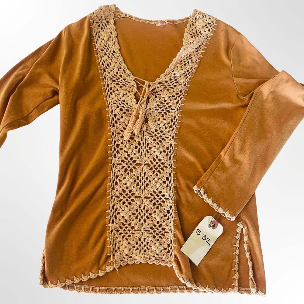 Vintage Long Sleeve Brown Knit Blouse with Crochet Lace Trim and Tassel Tie - Picture 4 of 6